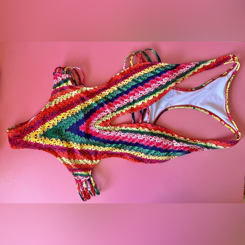Rainbow Faux Crochet One Piece Swimsuit - Picture 6 of 13